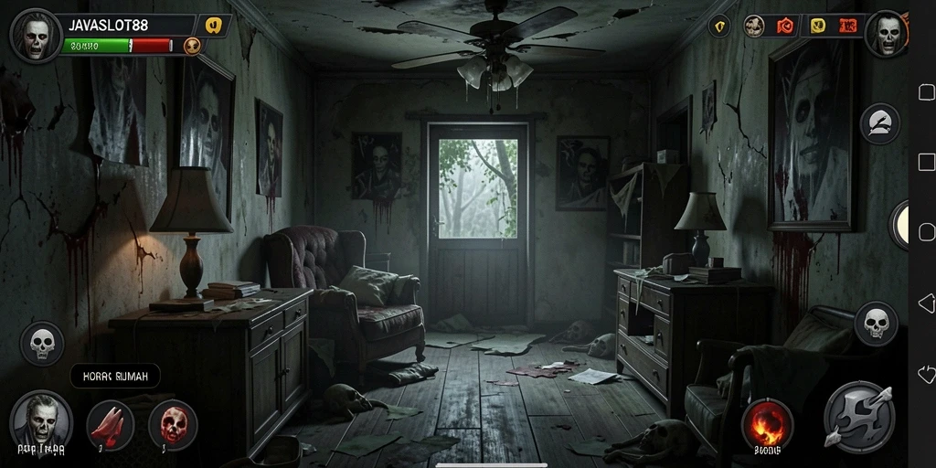 Screenshot menampilkan antarmuka harian dalam game Horor Rumah JAVASLOT88.